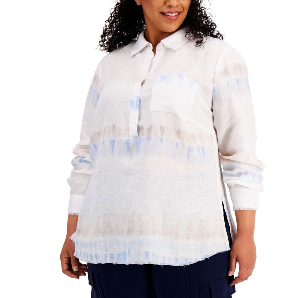 INC International Concepts Linen Shirt Women 2X White Blue Abstract Dye Fray Hem